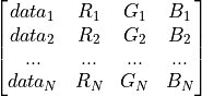 \begin{bmatrix}
  data_{1} & R_1 & G_1 & B_1  \\
  data_{2} & R_2 & G_2 & B_2  \\
  ...      & ... & ... & ...  \\
  data_{N} & R_N & G_N & B_N  \\
 \end{bmatrix}